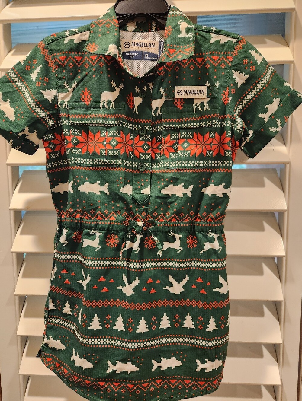 Magellan Outdoors Kids' Green Holiday Reindeer Print Dress, Size 4T